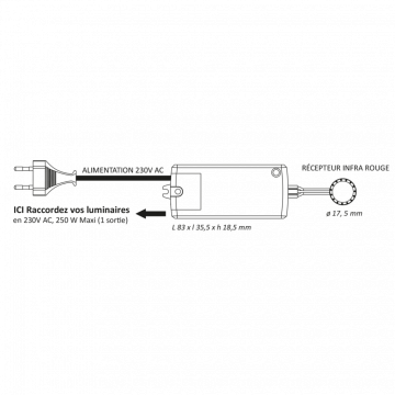 interrupteur-infrarouge-230vac-250w-maximum-cable-2m schéma de branchement