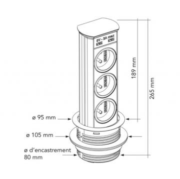 Bloc 3 prises + 2 USB Escamotable BRICK