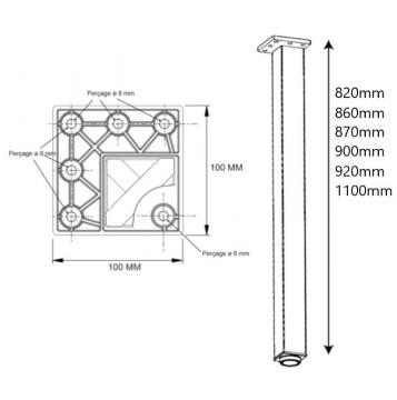 PIED de SNACK CARRE 60mm en Acier schéma