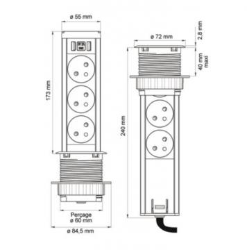 Bloc 3 prise + 2 USB MINIBRICK schéma