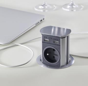 Bloc de 3 prises + 2 ports USB en inox brossé pour la Cuisine