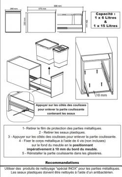 Poubelle 2 bacs 15+6L bloc inox