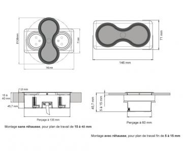 bloc-2-prises-eight-ip44-rectangulaire-affleurant-a-encastrer-dans-un-plan-de-travail-de-5-a-40mm-finition-noir-mat-schéma