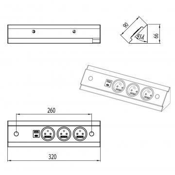 Bloc 3 prises USB-A+C d'angle Slim schéma