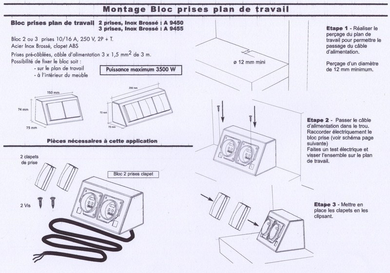 bloc 2 prises plan de travail en inox brossé A9450 avec clapets – Image 3