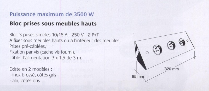 bloc 3 prises sous meubles haut alu ou inox brossé – Image 3