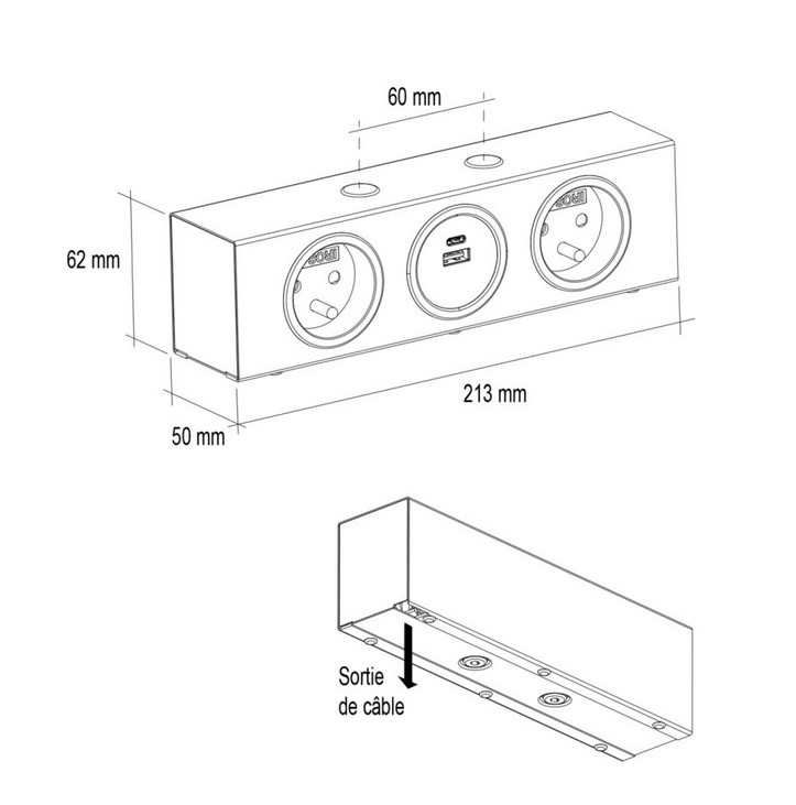 Bloc 2 prises Central avec USB-A-C – Image 3